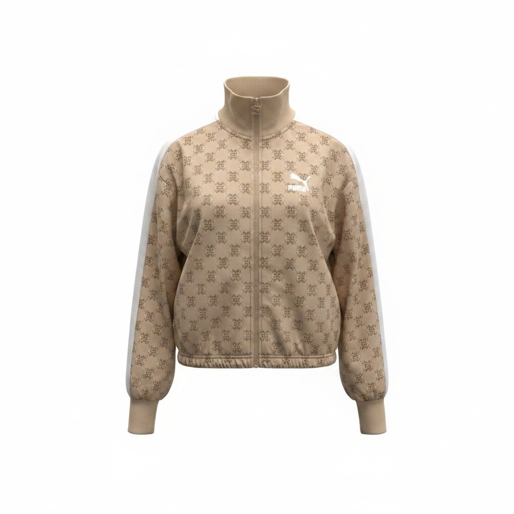 Puma Womens T7 Monogram Track Jacket Tan Beige Full Zip Funnel Neck Size M